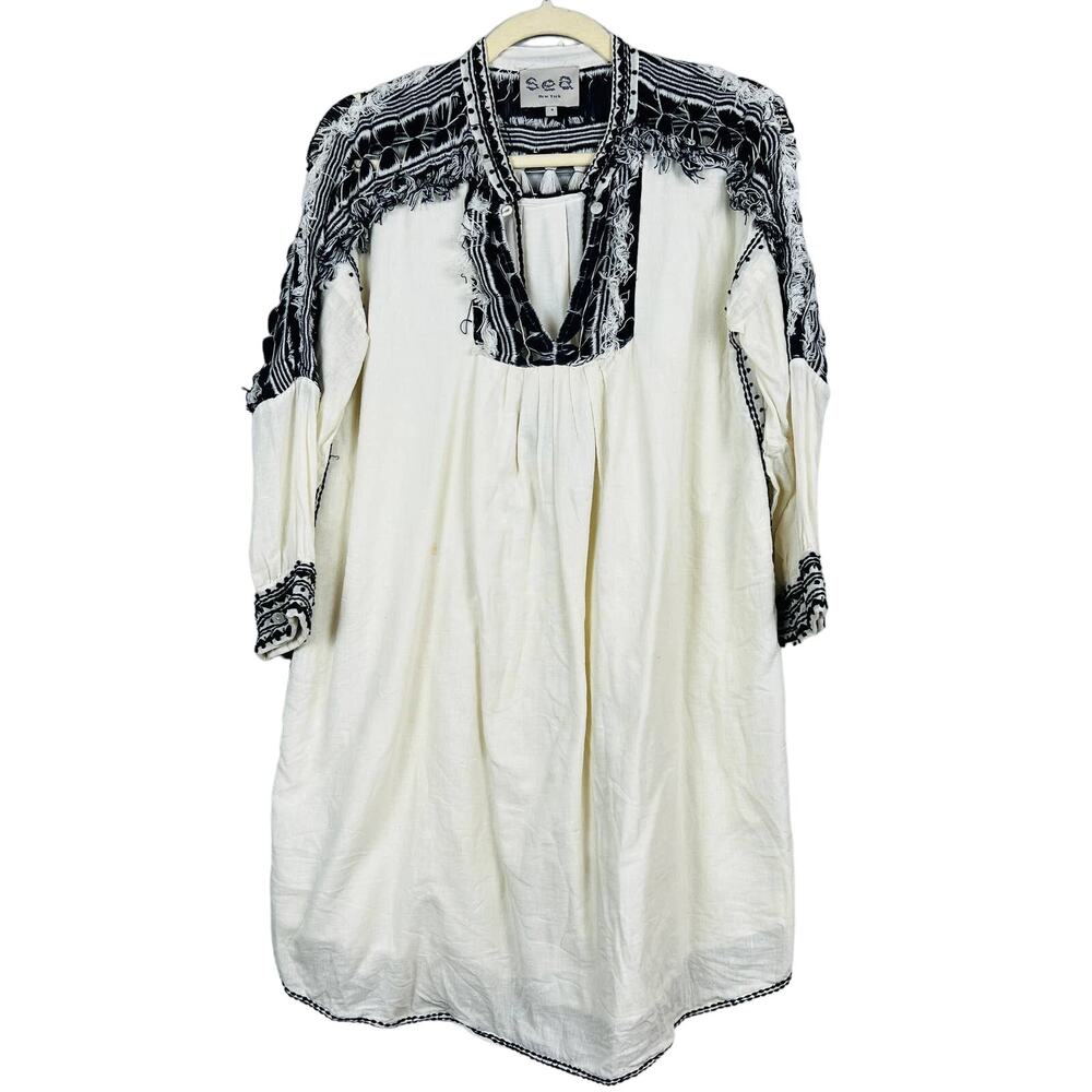 SEA New York Embroidered Knit Mini Dress Fringe Ivory Navy DIY - 4